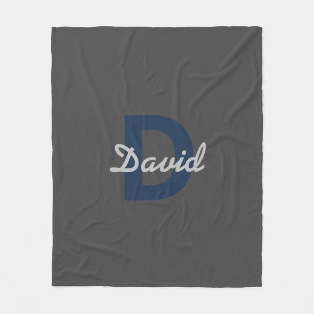 Modern Editable Dark Grey & Blue Name & Monogram Fleece Blanket (Front)