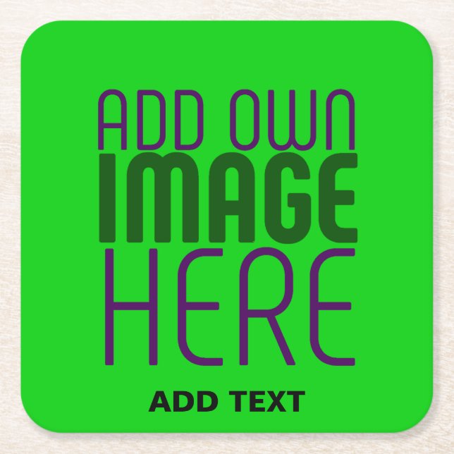 MODERN EDITABLE LIME GREEN IMAGE TEXT TEMPLATE SQUARE PAPER COASTER (Front)
