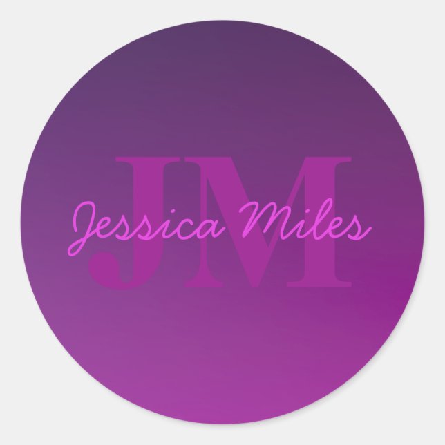 Modern Editable Monogrammed Text & Purple Ombre  Classic Round Sticker (Front)