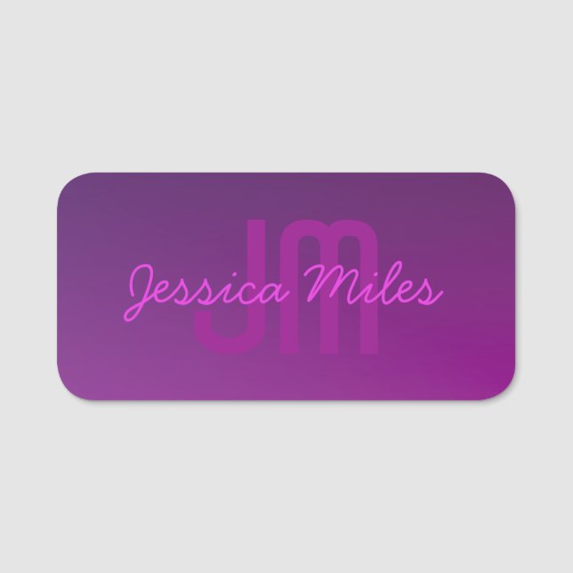 Modern Editable Monogrammed Text & Purple Ombre  Name Tag (Front)