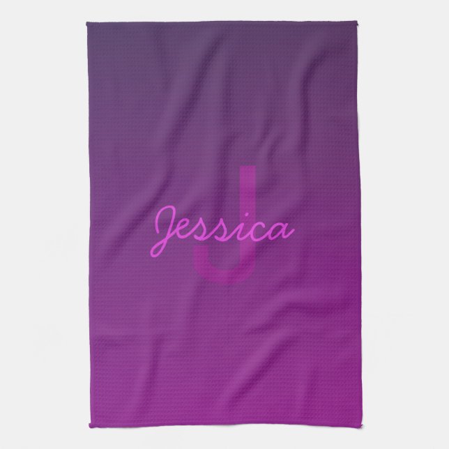 Modern Editable Monogrammed Text & Purple Ombre  Tea Towel (Vertical)