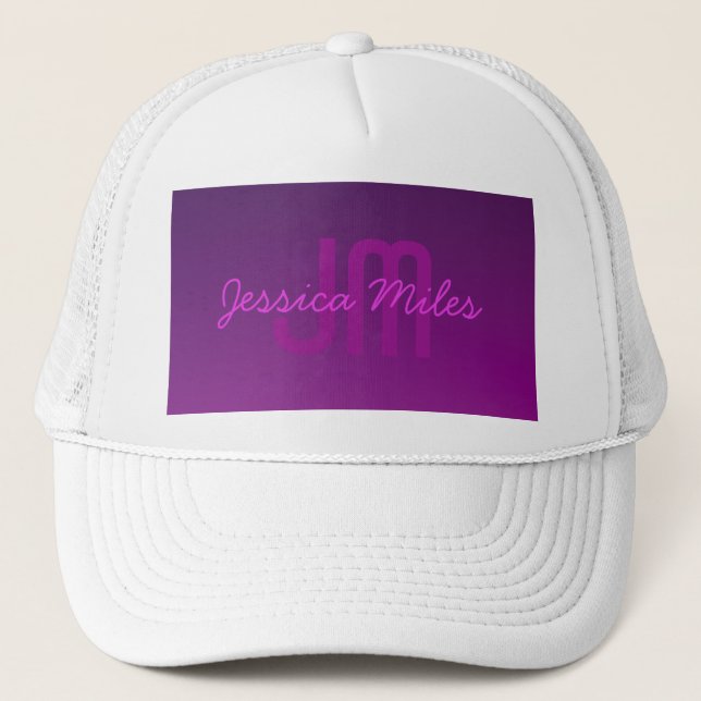 Modern Editable Monogrammed Text & Purple Ombre  Trucker Hat (Front)