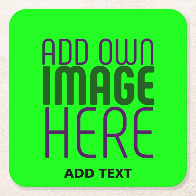MODERN EDITABLE NEON GREEN IMAGE TEXT TEMPLATE SQUARE PAPER COASTER (Front)