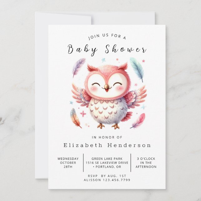 Modern Editable Owl Baby Shower Invitation (Front)