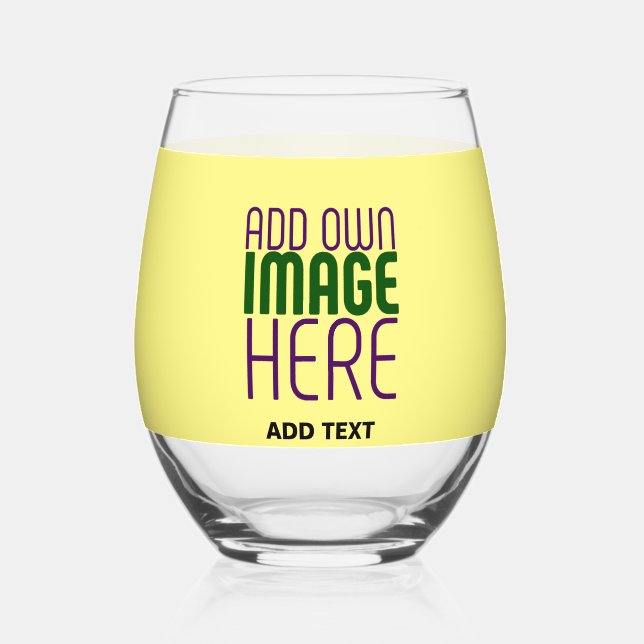 MODERN EDITABLE PASTEL YELLOW IMAGE TEXT TEMPLATE STEMLESS WINE GLASS (Front)
