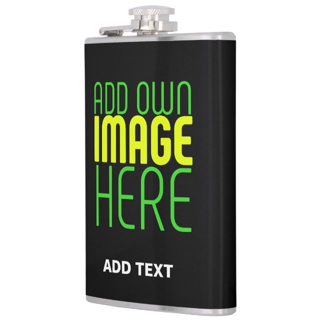 MODERN EDITABLE SIMPLE BLACK IMAGE TEXT TEMPLATE HIP FLASK (Left)