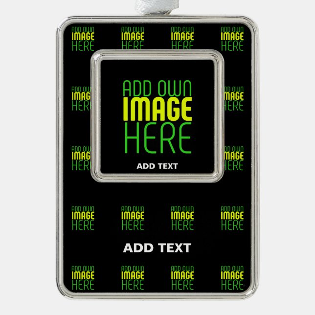 MODERN EDITABLE SIMPLE BLACK IMAGE TEXT TEMPLATE SILVER PLATED FRAMED ORNAMENT (Front)