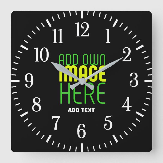MODERN EDITABLE SIMPLE BLACK IMAGE TEXT TEMPLATE SQUARE WALL CLOCK (Front)
