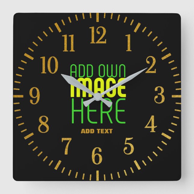 MODERN EDITABLE SIMPLE BLACK IMAGE TEXT TEMPLATE SQUARE WALL CLOCK (Front)