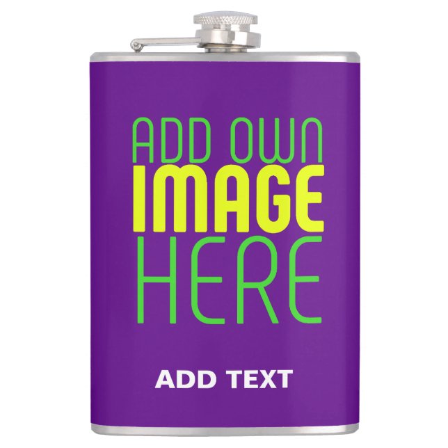 MODERN EDITABLE SIMPLE INDIGO IMAGE TEXT TEMPLATE HIP FLASK (Front)