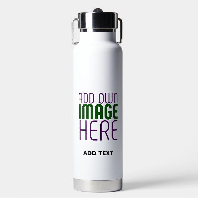 MODERN EDITABLE SIMPLE WHITE IMAGE TEXT TEMPLATE WATER BOTTLE (Front)