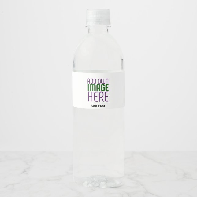 MODERN EDITABLE SIMPLE WHITE IMAGE TEXT TEMPLATE WATER BOTTLE LABEL (Front)