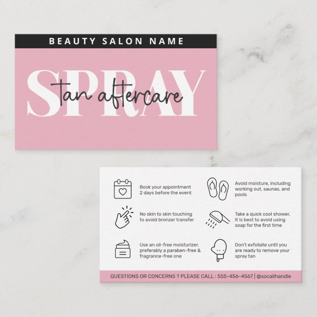 Modern Editable Sunless Spray Tan Aftercare Card (Front/Back)
