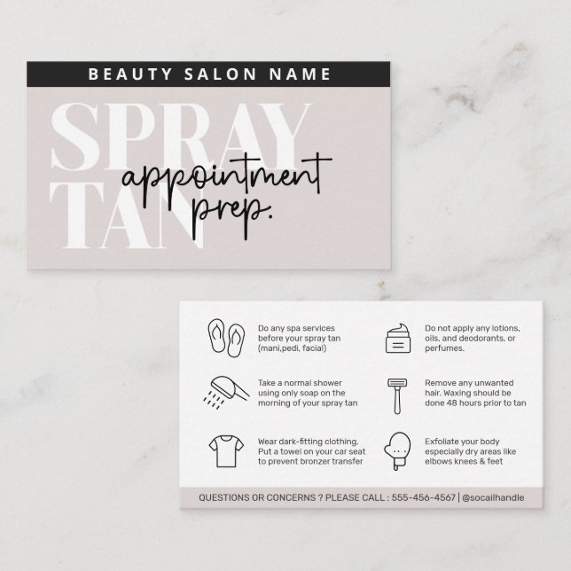 Modern Editable Sunless Spray Tan Preparation Card (Front/Back)