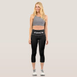 Modern Editable White Coach Text on Black Capri Leggings<br><div class="desc">Modern editable white coach text Capri Leggings. A perfect design that combines with most colours of top!</div>