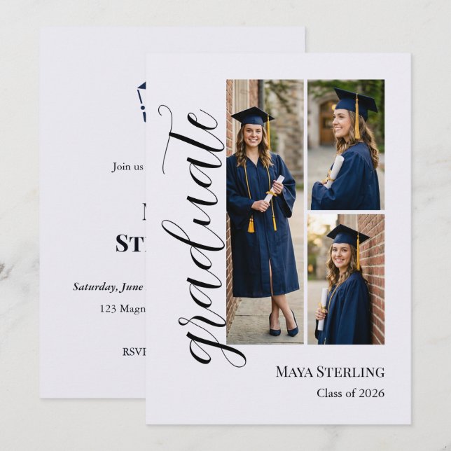 Modern Editorial Script Multi-Photo Graduation  Invitation (Front/Back)