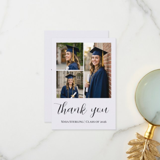 Modern Editorial Script Multi-Photo Graduation Thank You Card (Front/Back In Situ)