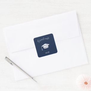 Modern Editorial Script Navy Photo graduation Square Sticker