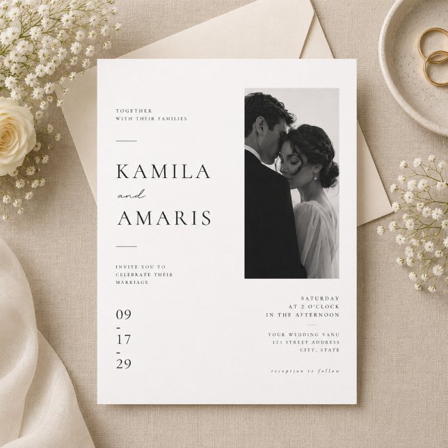 Modern Editorial Wedding with Couple Portrait Invitation (Creator Uploaded)