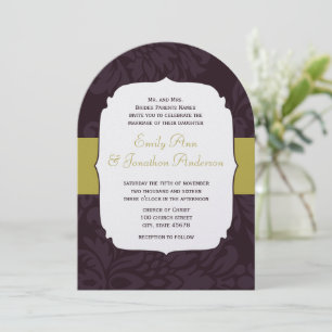 Modern Eggplant Chartreuse Damask Wedding  Invitation