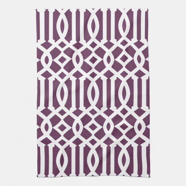 Modern Eggplant Purple and White Trellis Pattern Tea Towel (Vertical)