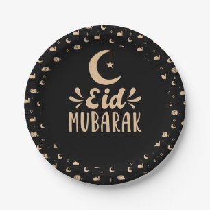Modern Eid Mubarak Happy Eid Black Paper Plate