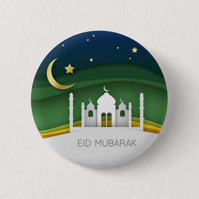 Modern Eid Mubarak Paper Cut Mosque - Button (Front)