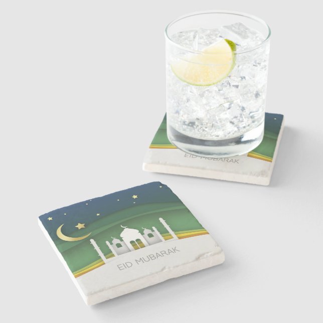 Modern Eid Mubarak Paper Cut Mosque Stone Coaster (Side)