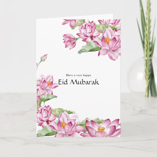 Modern Eid Mubarak Pink Lotus Flower Family Photo Holiday Card (Front)