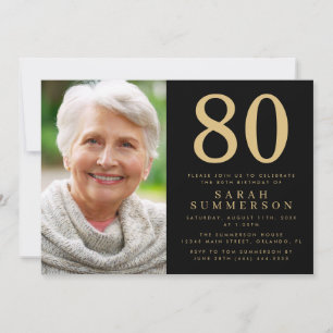 Modern Eightieth Black Gold Photo 80th Birthday Invitation