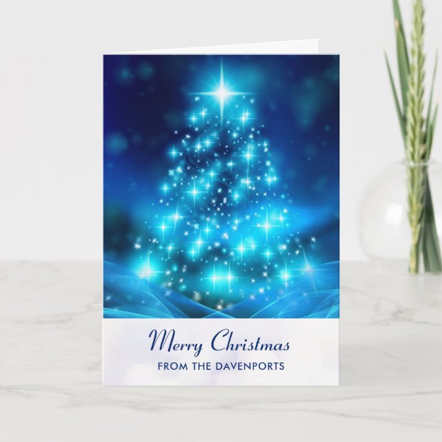 Modern Electric Blue Christmas Tree Holiday Card (Front)