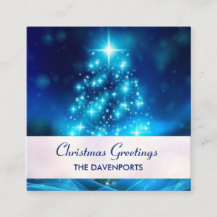 Modern Electric Blue Christmas Tree with Lights Square Business Card