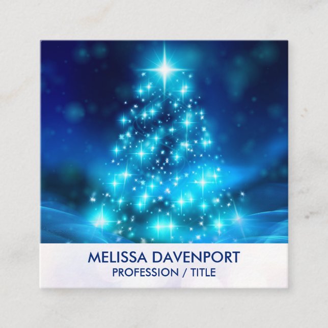Modern Electric Blue Christmas Tree with Lights Square Business Card (Front)