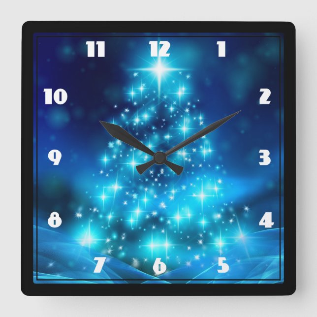 Modern Electric Blue Christmas Tree with Lights Square Wall Clock (Front)
