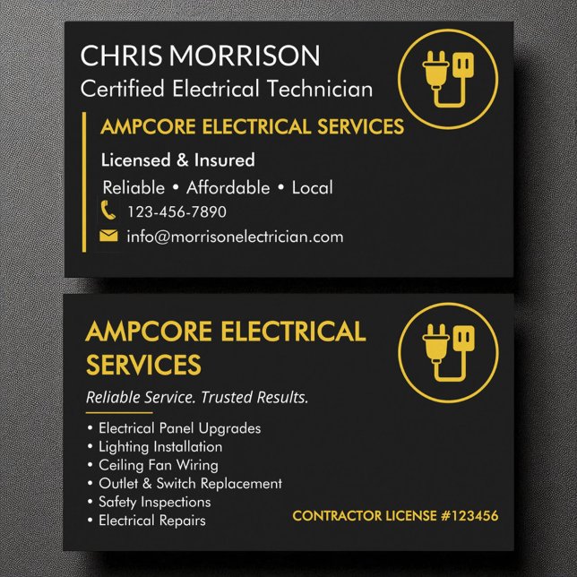 Modern Electrician Branding Black Yellow Business Card (Creator Uploaded)