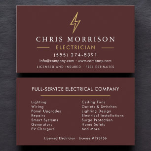 Modern Electrician Burgundy Gold Minimalist Business Card