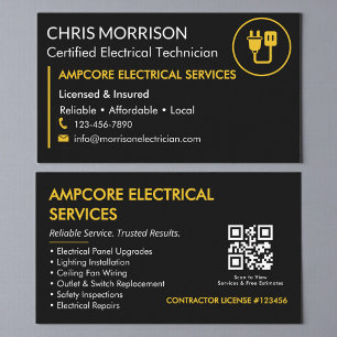 Modern Electrician Contractor QR Code Black Yellow Business Card