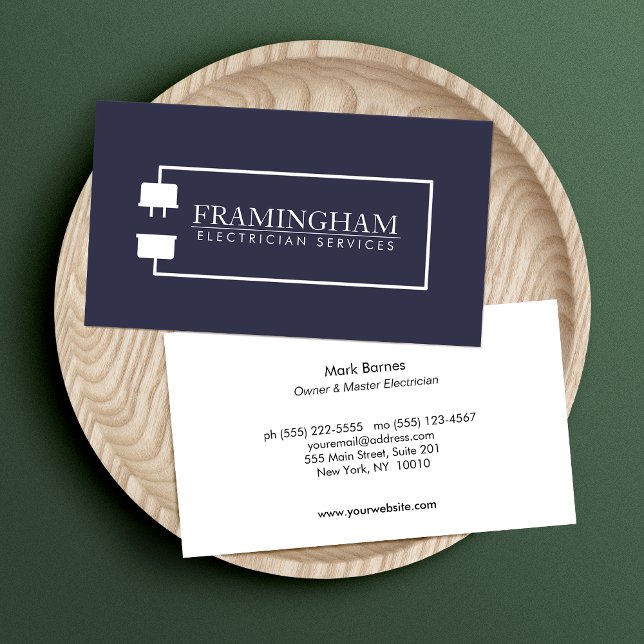 Modern Electrician Extension Cord Logo Navy Business Card (Creator Uploaded)