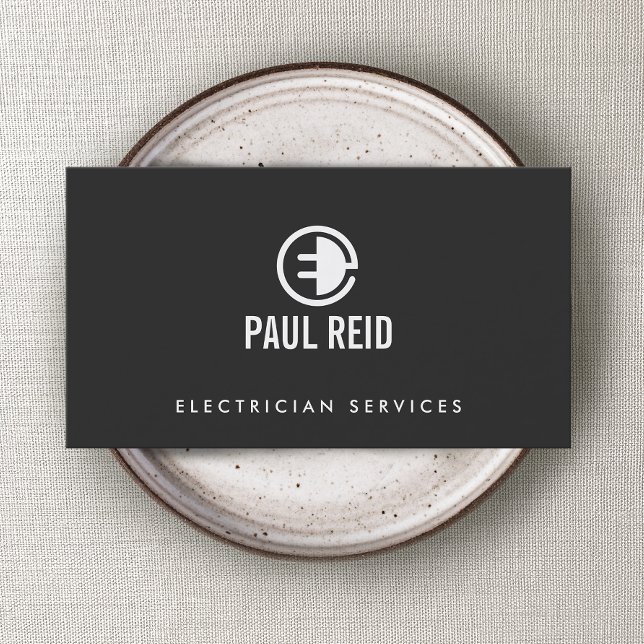 Modern Electrician Logo Grey Business Card (Creator Uploaded)