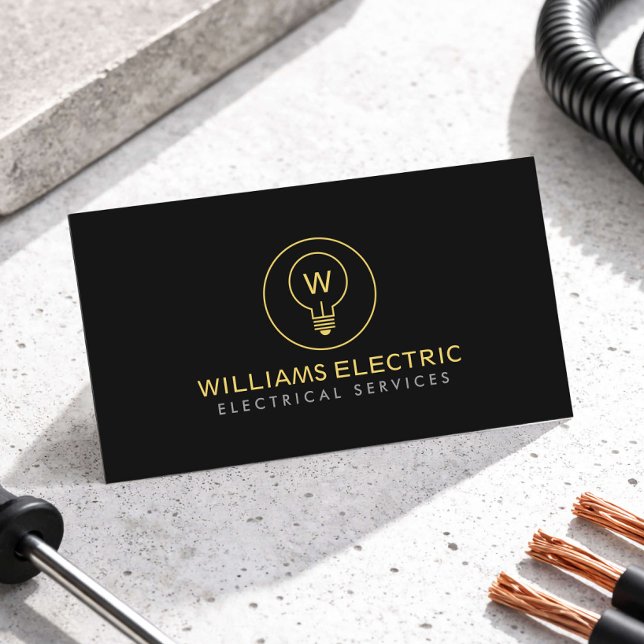 Modern Electrician Logo Monogram Black Business Card (Creator Uploaded)