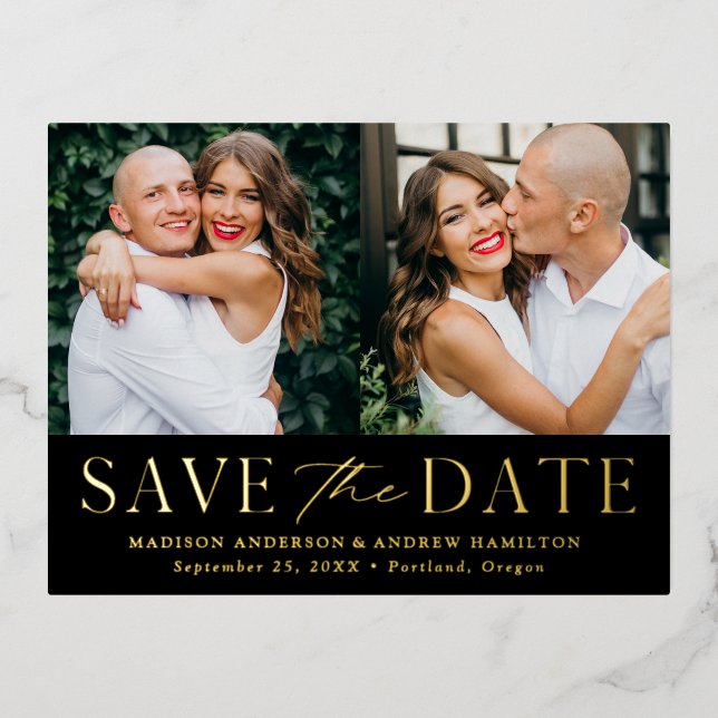 Modern Elegance 2 Photo Wedding Save the Date Foil Invitation Postcard (Front)