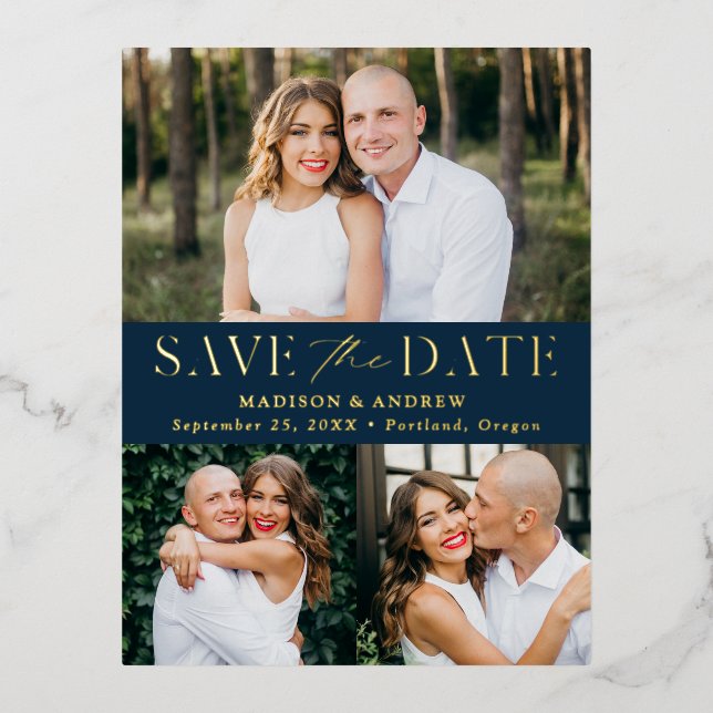Modern Elegance 3 Photo Wedding Save the Date Foil Invitation Postcard (Front)