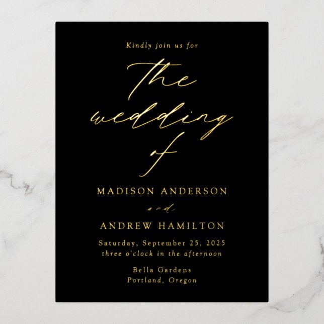 Modern Elegance Black and Gold Wedding Foil Invitation Postcard (Front)