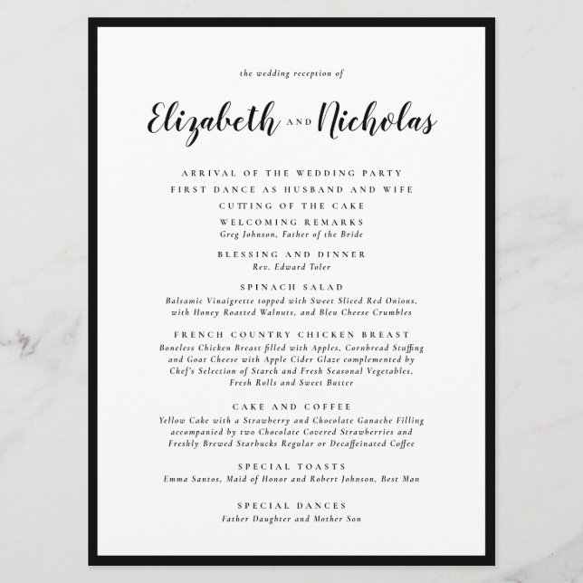 Modern Elegance Black and White Wedding Reception Programme (Front)
