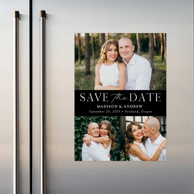 Modern Elegance Black Three Photo Save the Date Magnetic Invitation (Creator Uploaded)