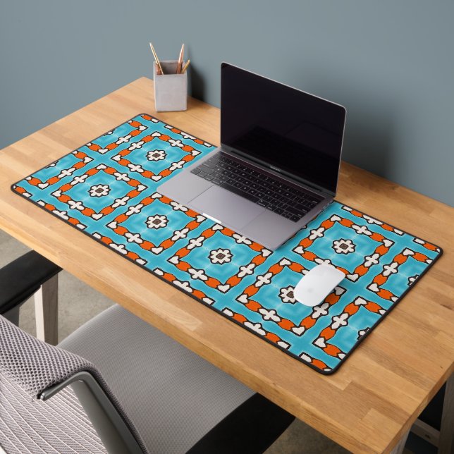 Modern Elegance Blue Orange White Azulejos Tile Desk Mat (Office 2)