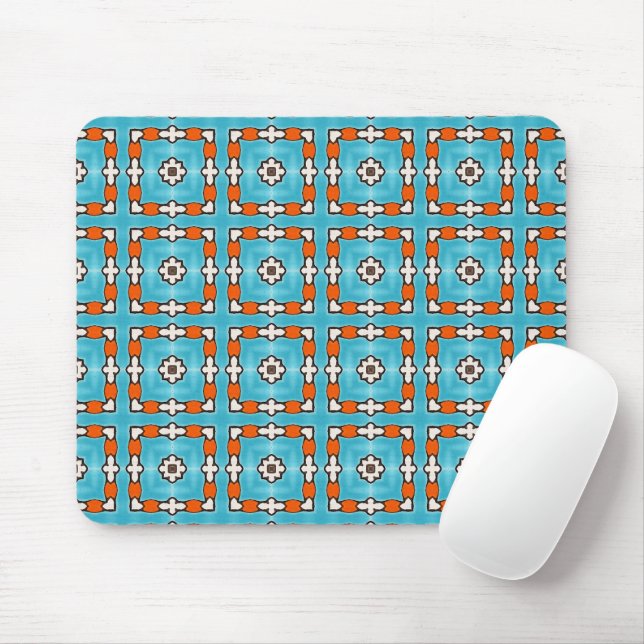 Modern Elegance Blue Orange White Azulejos Tile Mouse Pad (With Mouse)