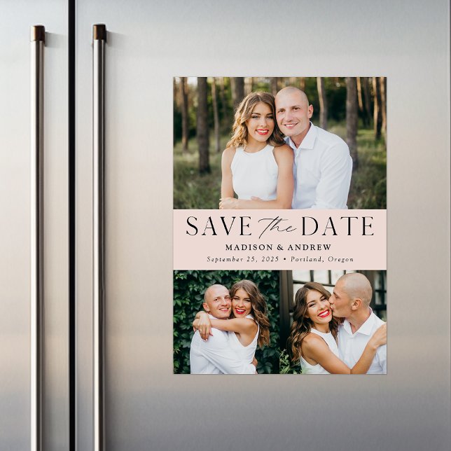 Modern Elegance Blush Three Photo Save the Date Magnetic Invitation (Creator Uploaded)
