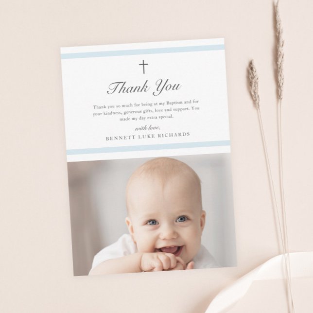 Modern Elegance Boys Baptism Thank You Card (Elegant script modern boys photo baptism thank you card with light blue bars and minimal cross.)