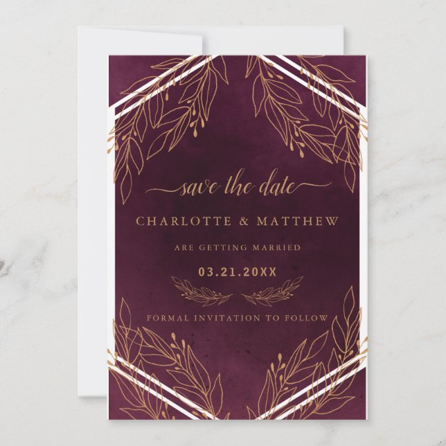 Modern Elegance Burgundy and Gold Save The Date (Front)